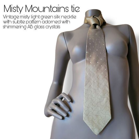 Another Dance collection: Misty Mountains tie, vintage misty light green silk necktie with subtle pattern adorned with shimmering AB glass crystals