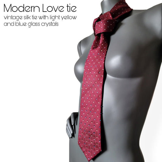 Another Dance collection: Modern Love tie, vintage burgundy | dark red silk necktie with glass crystals in light yellow and blue