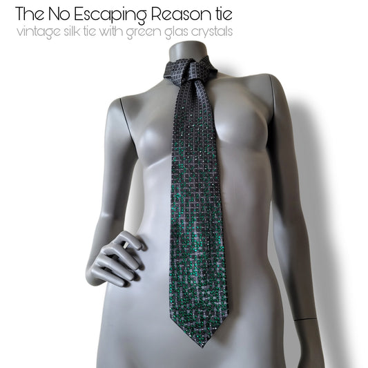 Depth of the Rabbit Hole collection: No Escaping Reason tie, necktie with green glass crystals