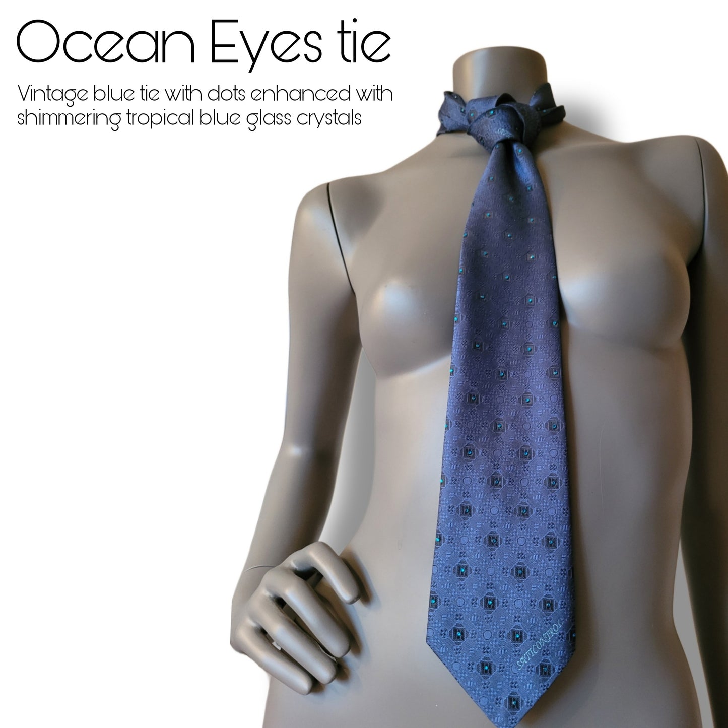 Another Dance collection: Ocean Eyes tie, vintage Alfa-Laval Sattcontrol blue silk tie from the 90's or 00' transformed into a sparkling ocean dream of tropical blue glass crystals