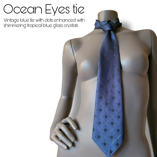 Another Dance collection: Ocean Eyes tie, vintage Alfa-Laval Sattcontrol blue silk tie from the 90's or 00' transformed into a sparkling ocean dream of tropical blue glass crystals