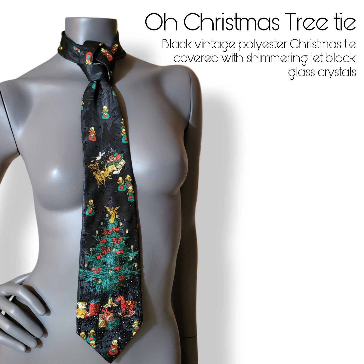 Another Dance collection: Oh Christmas Tree tie, vintage black polyester Christmas necktie with print of Santa and his sledge, singing angels and Christmas Tree and jet black glass crystals