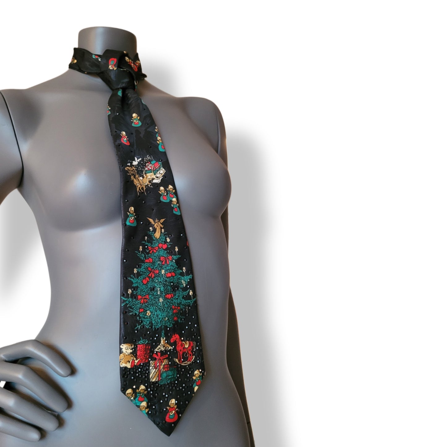 Another Dance collection: Oh Christmas Tree tie, vintage black polyester Christmas necktie with print of Santa and his sledge, singing angels and Christmas Tree and jet black glass crystals