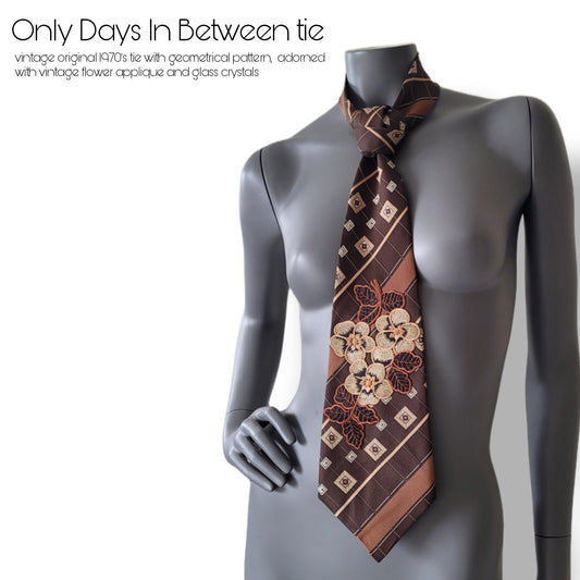 Another Dance collection: Only Days In Between tie, original 70's retro brown polyester necktie with flower applique and mine gold glass crystals