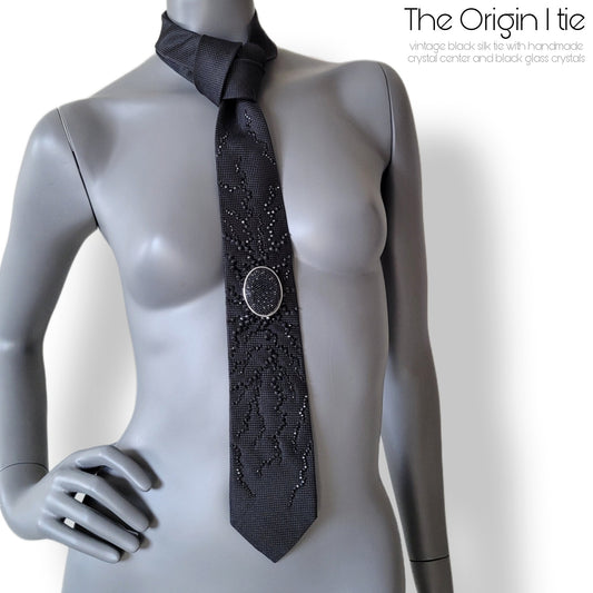 Origin collection: The Origin I tie, black silk necktie with black glass crystals