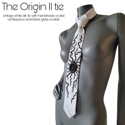 Origin collection: The Origin II tie, white silk necktie with black glass crystals