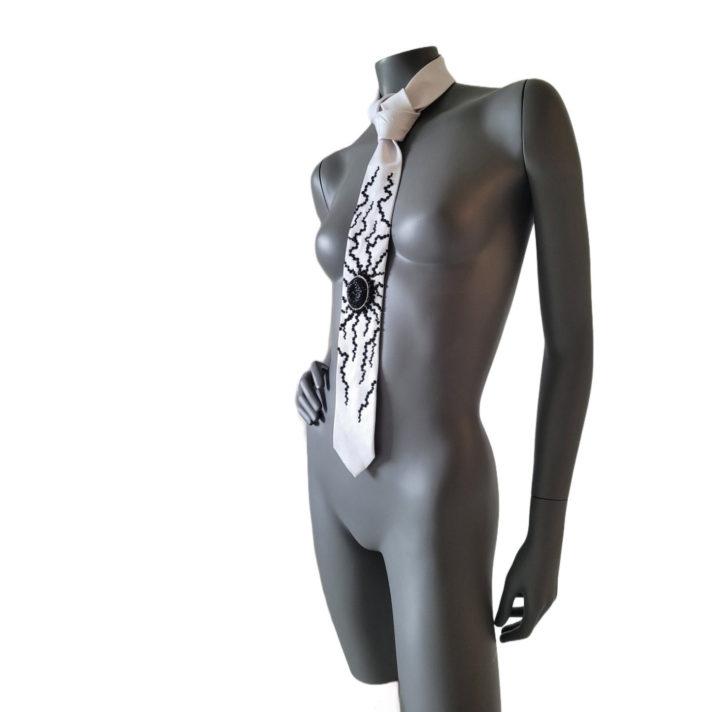 Origin collection: The Origin II tie, white silk necktie with black glass crystals