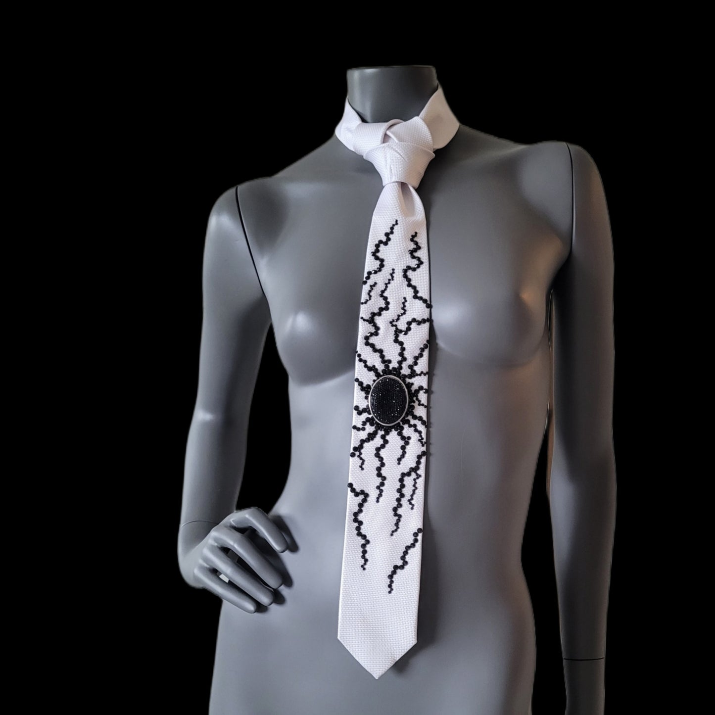 Origin collection: The Origin II tie, white silk necktie with black glass crystals