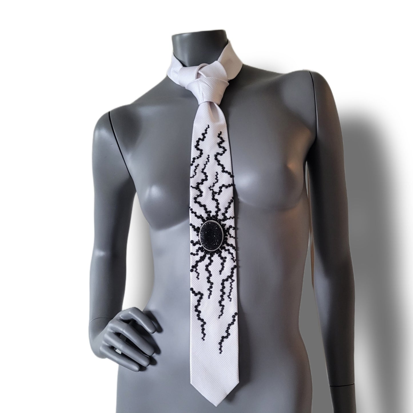 Origin collection: The Origin II tie, white silk necktie with black glass crystals