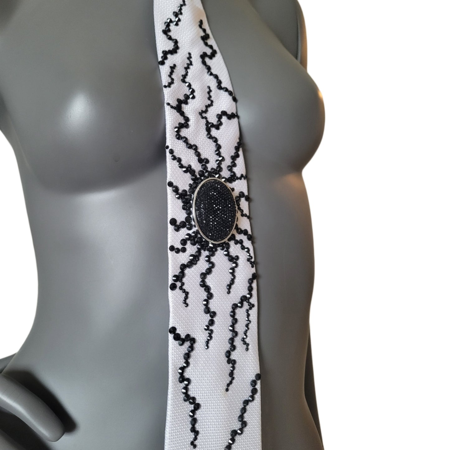 Origin collection: The Origin II tie, white silk necktie with black glass crystals