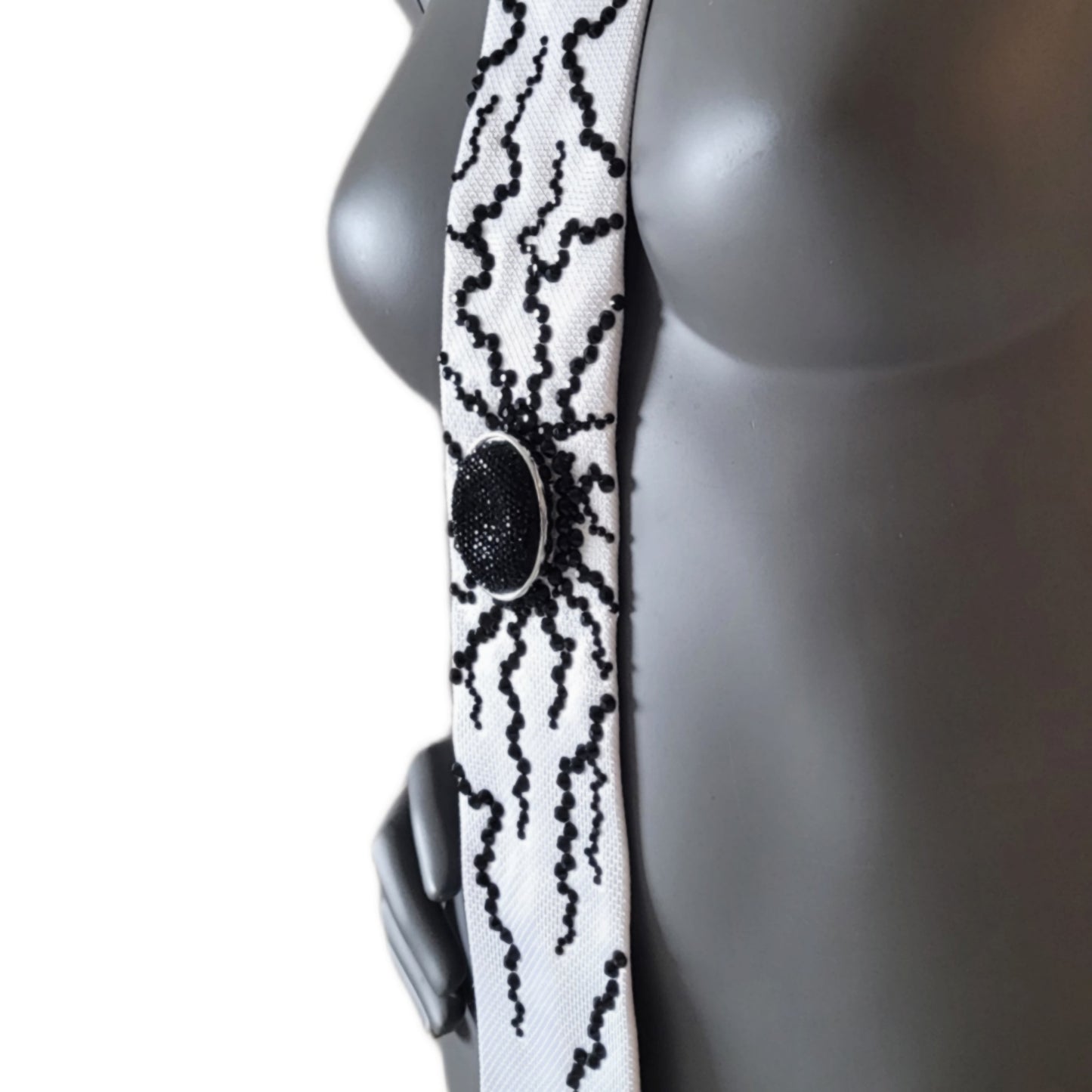 Origin collection: The Origin II tie, white silk necktie with black glass crystals