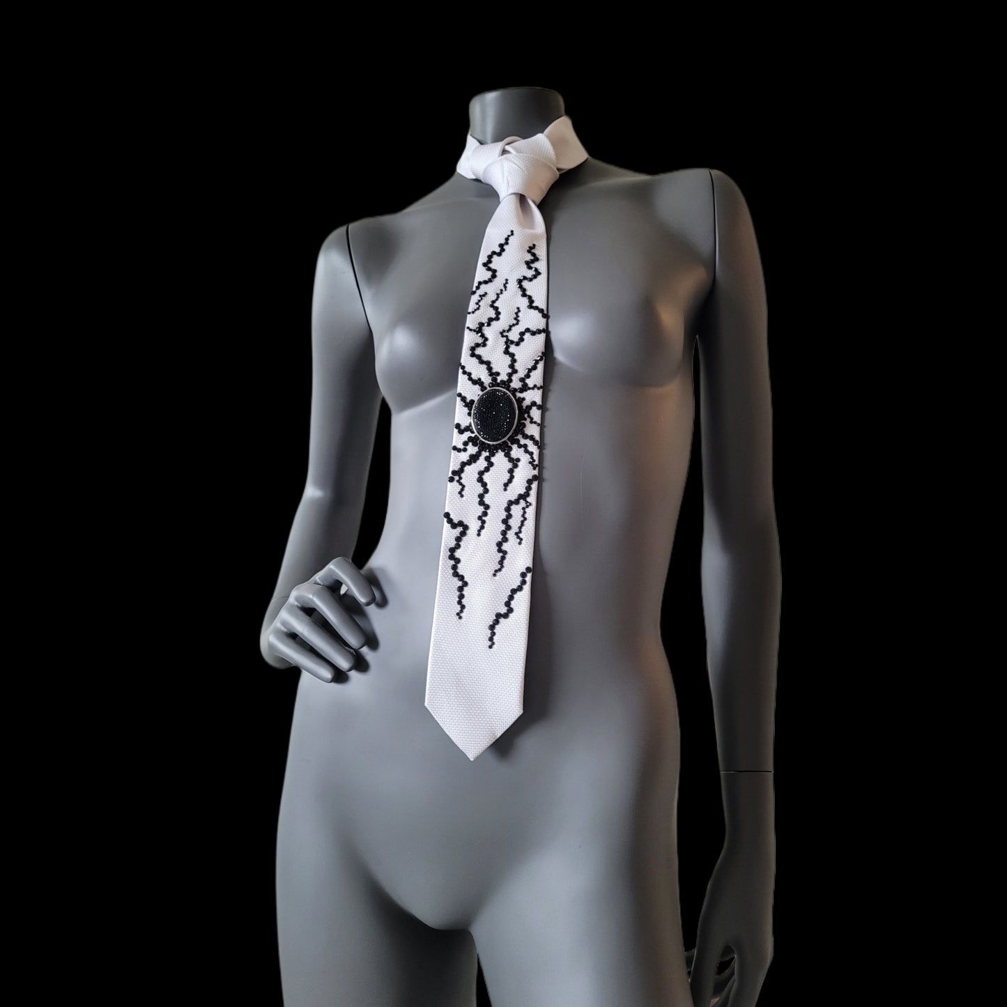 Origin collection: The Origin II tie, white silk necktie with black glass crystals