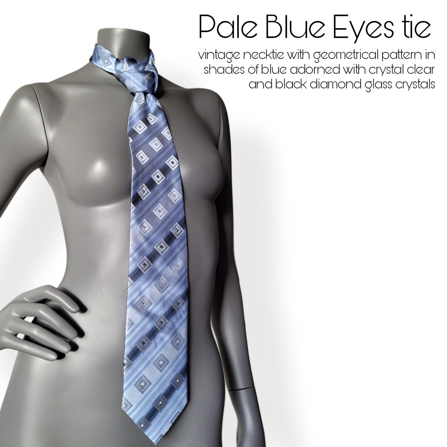 Another Dance collection: Pale Blue Eyes tie, vintage necktie with geometrical pattern in shades of blue adorned with glass crystals