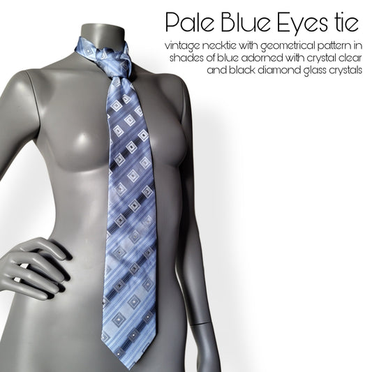 Another Dance collection: Pale Blue Eyes tie, vintage necktie with geometrical pattern in shades of blue adorned with glass crystals