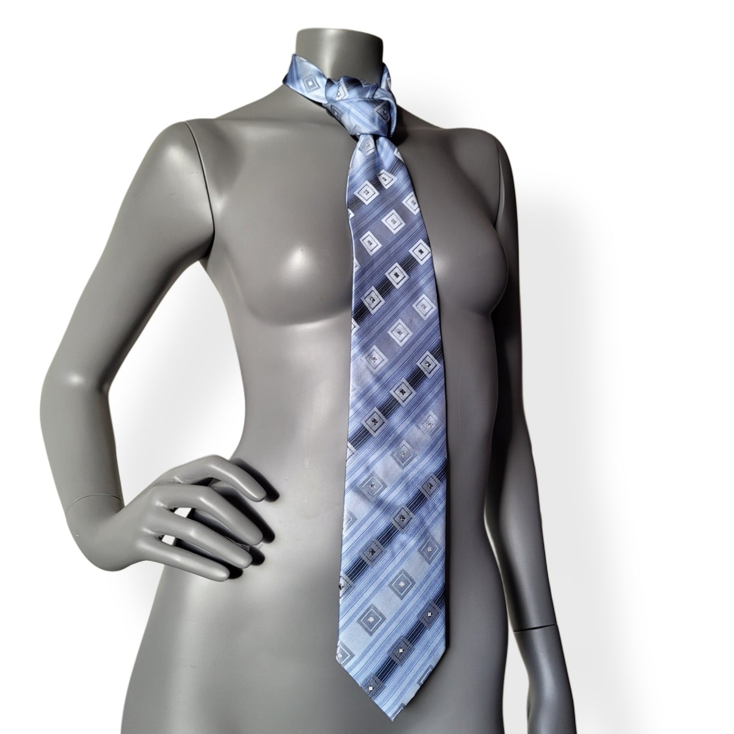 Another Dance collection: Pale Blue Eyes tie, vintage necktie with geometrical pattern in shades of blue adorned with glass crystals