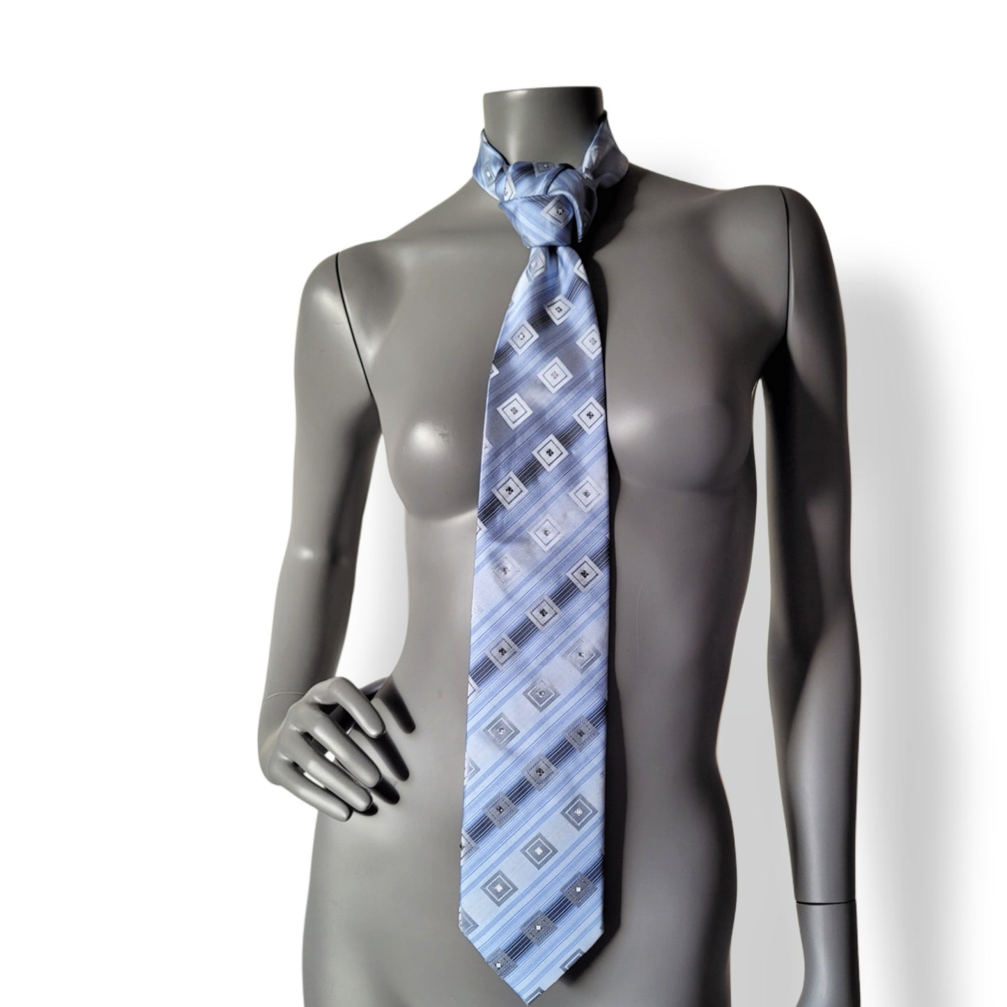 Another Dance collection: Pale Blue Eyes tie, vintage necktie with geometrical pattern in shades of blue adorned with glass crystals