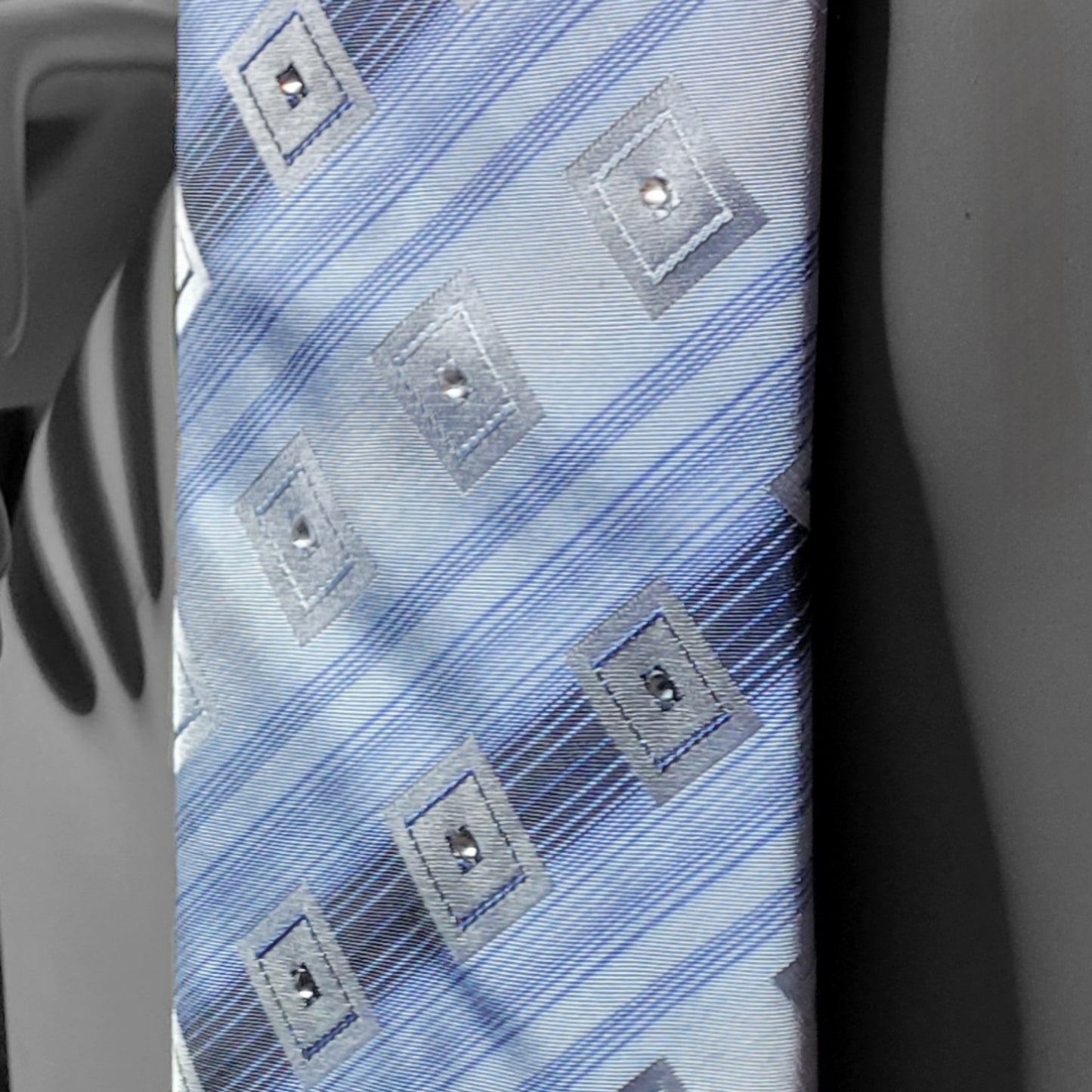 Another Dance collection: Pale Blue Eyes tie, vintage necktie with geometrical pattern in shades of blue adorned with glass crystals