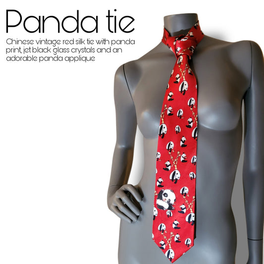 Another Dance collection: Panda tie, vintage Chinese red silk necktie with printed pandas and yellow bamboo adorned with black jet black glass crystals and adorable panda applique