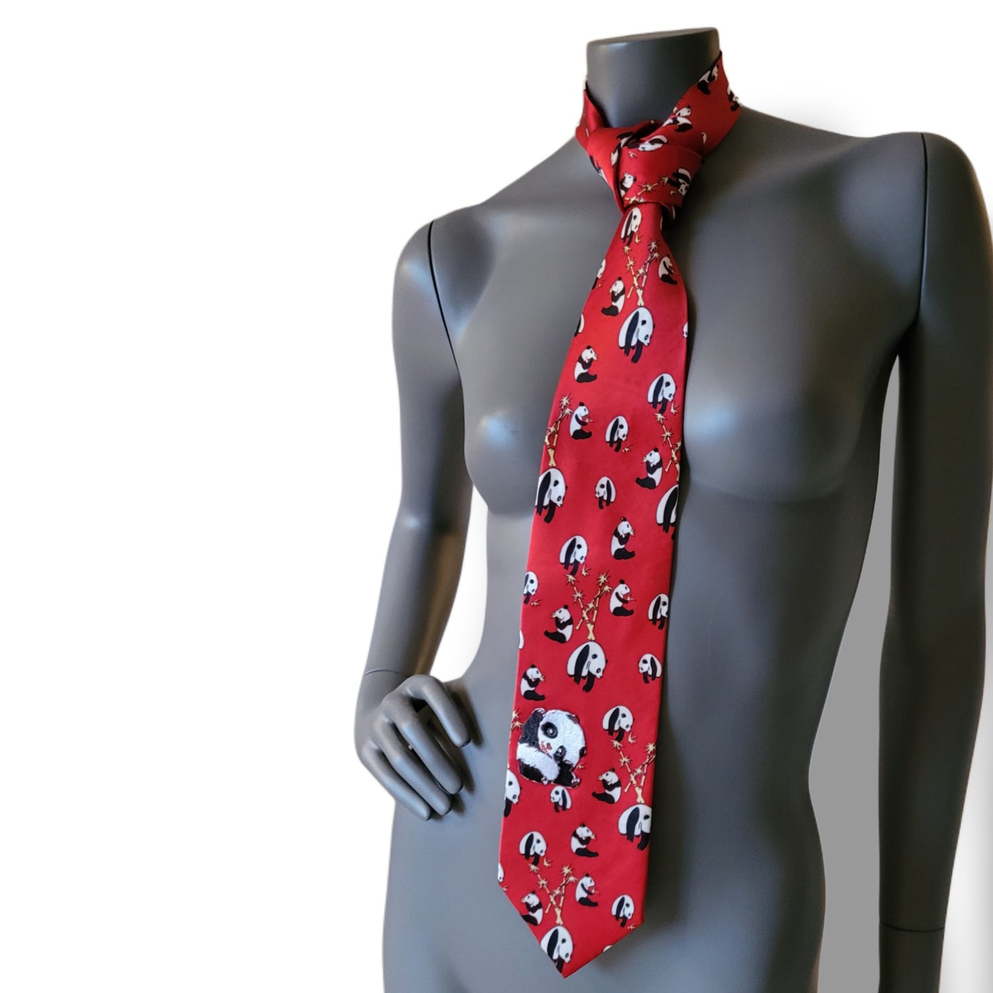 Another Dance collection: Panda tie, vintage Chinese red silk necktie with printed pandas and yellow bamboo adorned with black jet black glass crystals and adorable panda applique