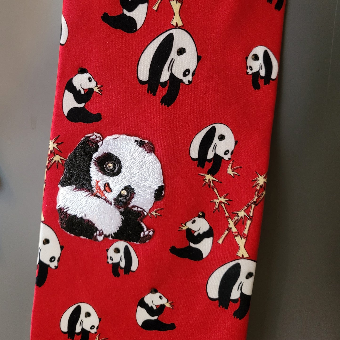 Another Dance collection: Panda tie, vintage Chinese red silk necktie with printed pandas and yellow bamboo adorned with black jet black glass crystals and adorable panda applique