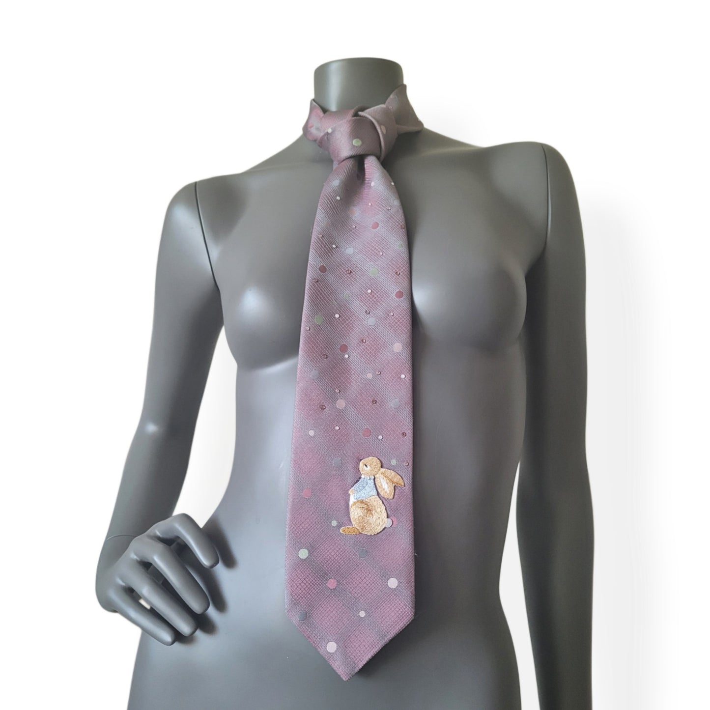 Pastel Bunnies collection, Easter 2025 edition: Pastel Bunny 6 tie, vintage necktie shifting in gray and pink with shimmering glass crystals and a bunny applique