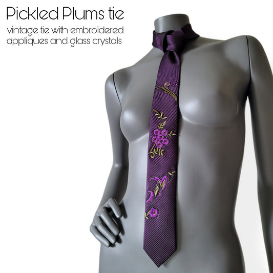 Pickled Plums tie, dark purple or plum polyester necktie with embroidered blossom appliques in gold and purple and purple glass crystals