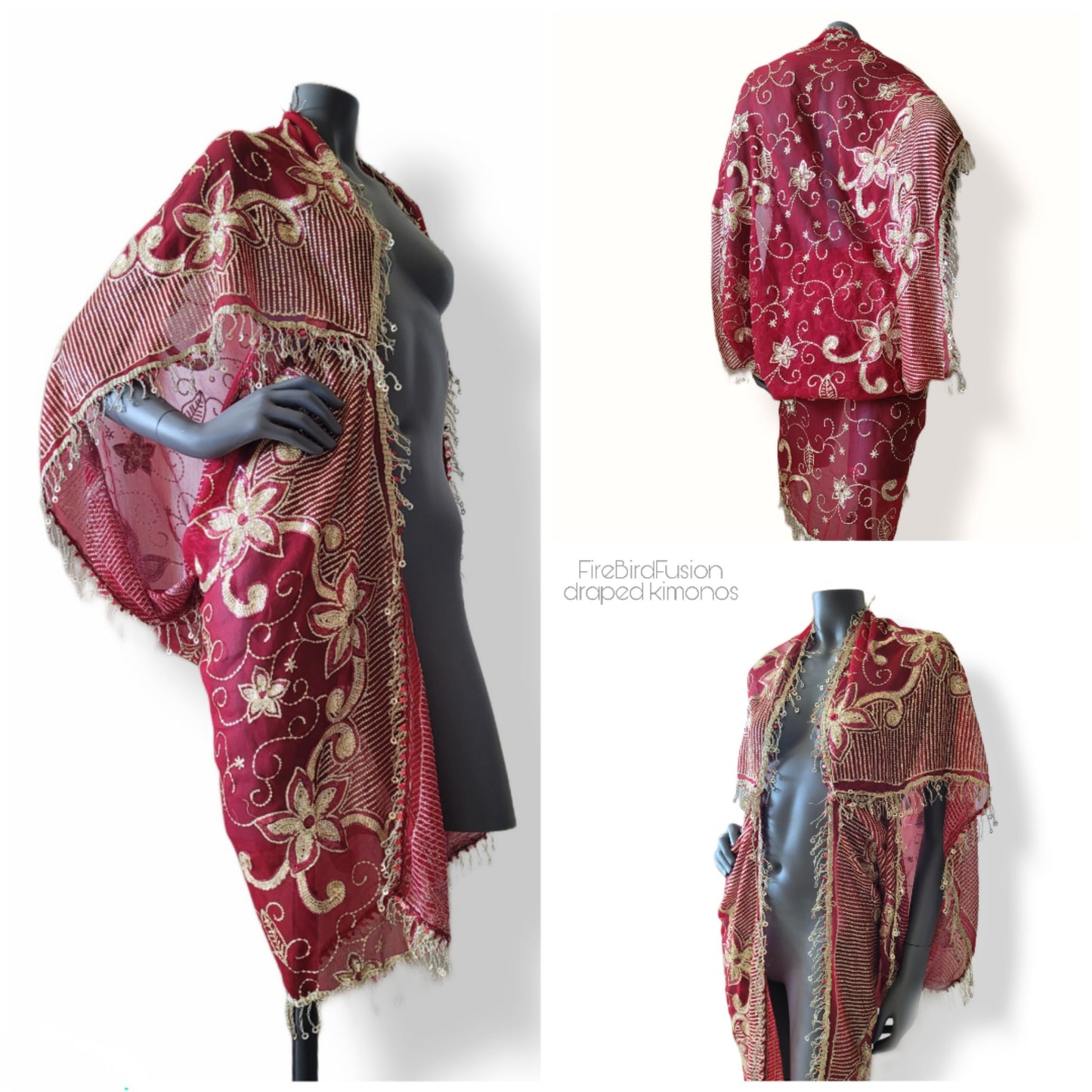 Draped short kimono in red with golden embroidery and fringe trim (S)