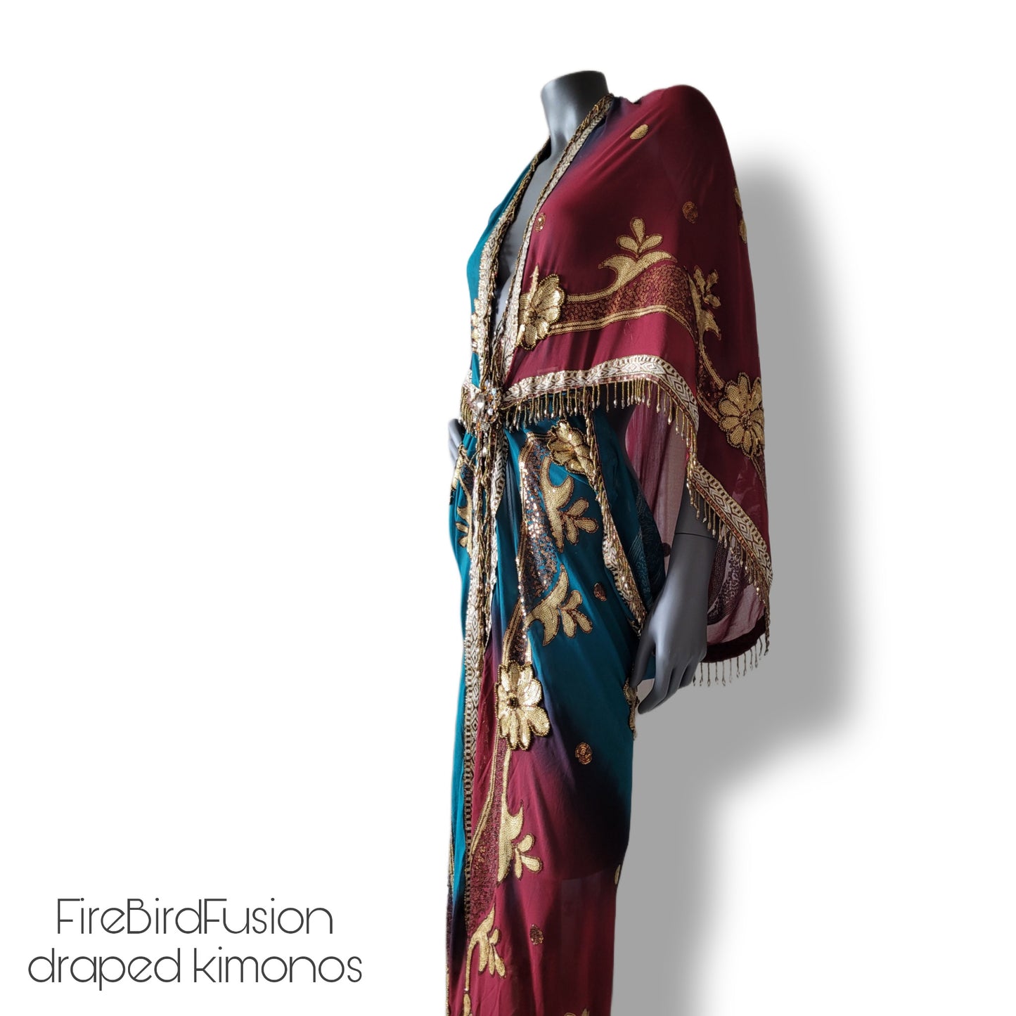Draped kimono in peacock blue  and wine red with elaborated embrodery and beaded trim (L)