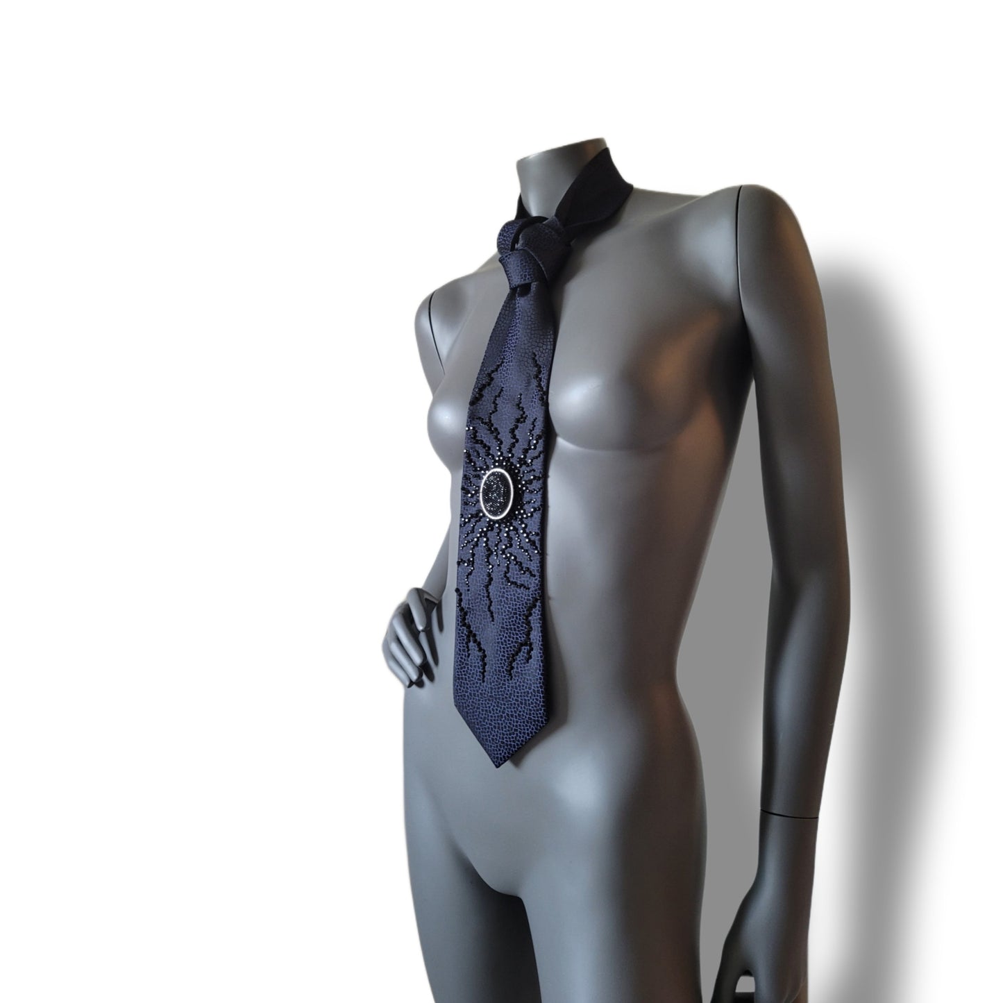 Origin collection: The Origin III tie, vintage navy necktie with crack-link pattern and black glass crystals