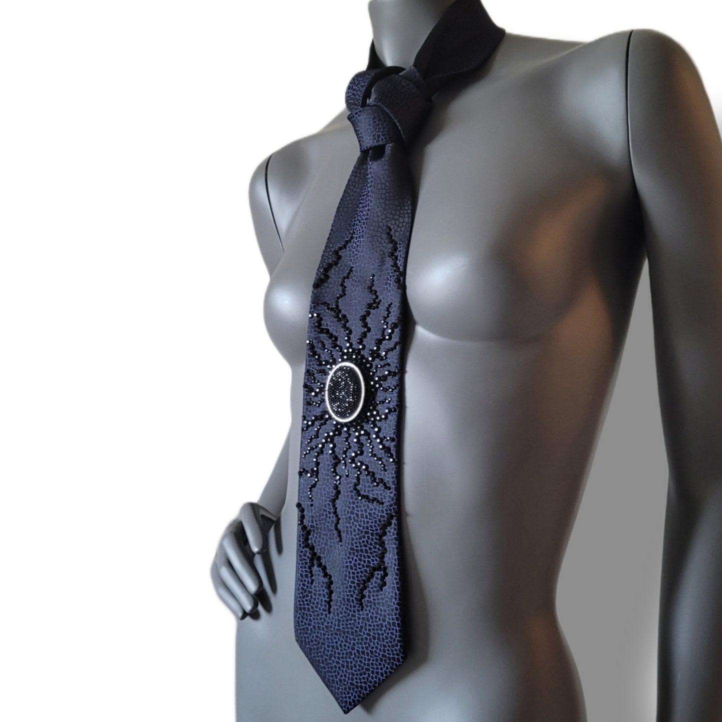 Origin collection: The Origin III tie, vintage navy necktie with crack-link pattern and black glass crystals