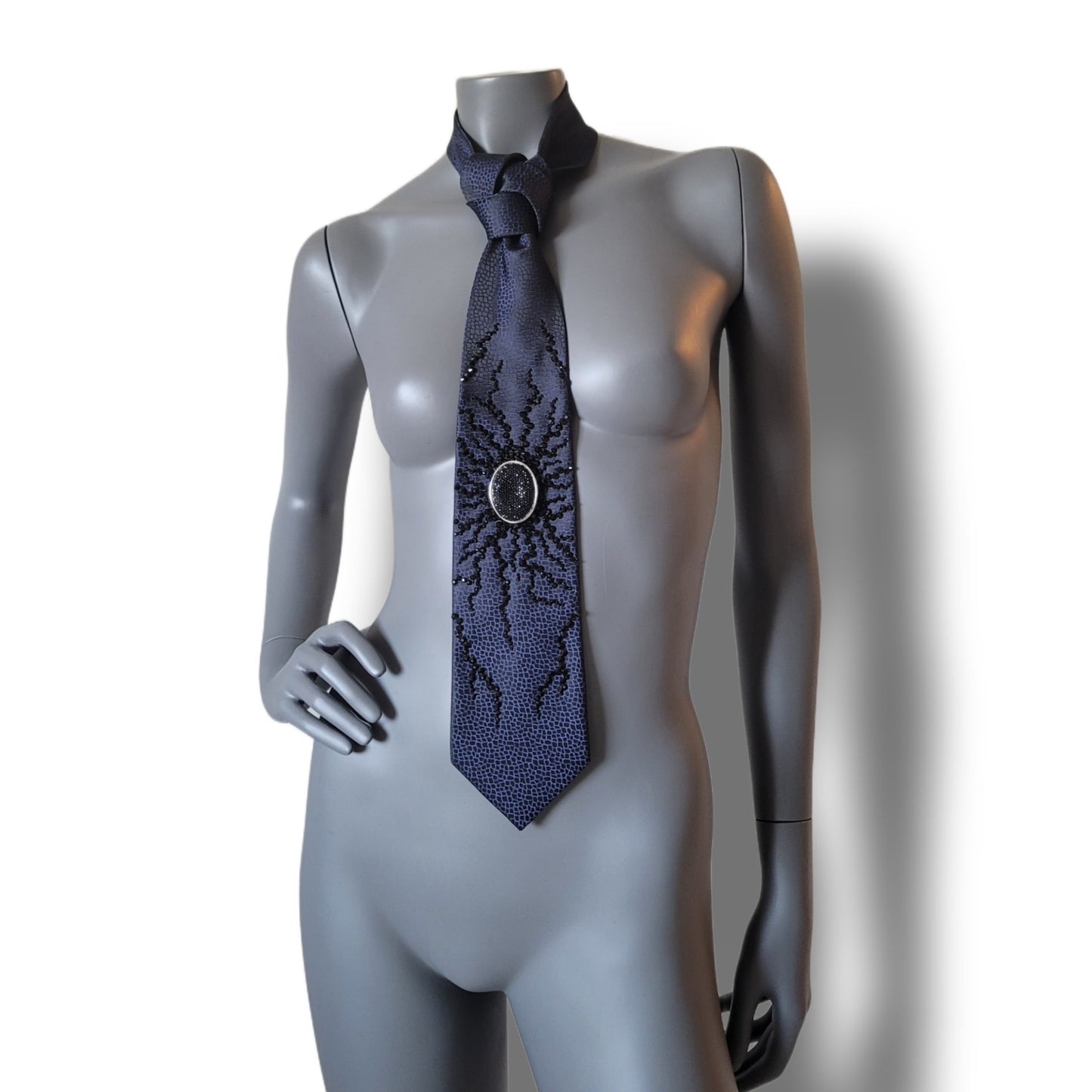 Origin collection: The Origin III tie, vintage navy necktie with crack-link pattern and black glass crystals