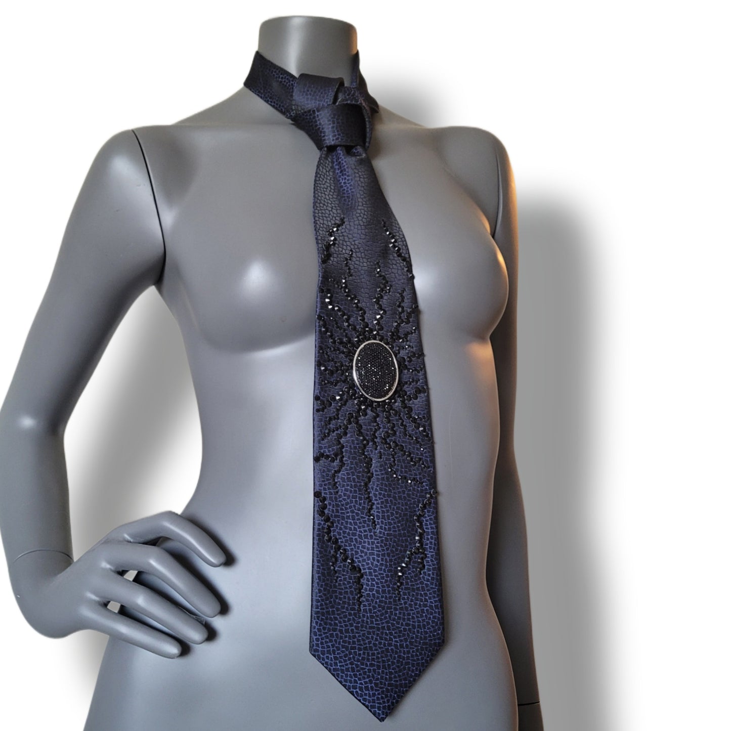 Origin collection: The Origin III tie, vintage navy necktie with crack-link pattern and black glass crystals