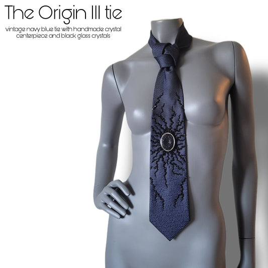 Origin collection: The Origin III tie, vintage navy necktie with crack-link pattern and black glass crystals