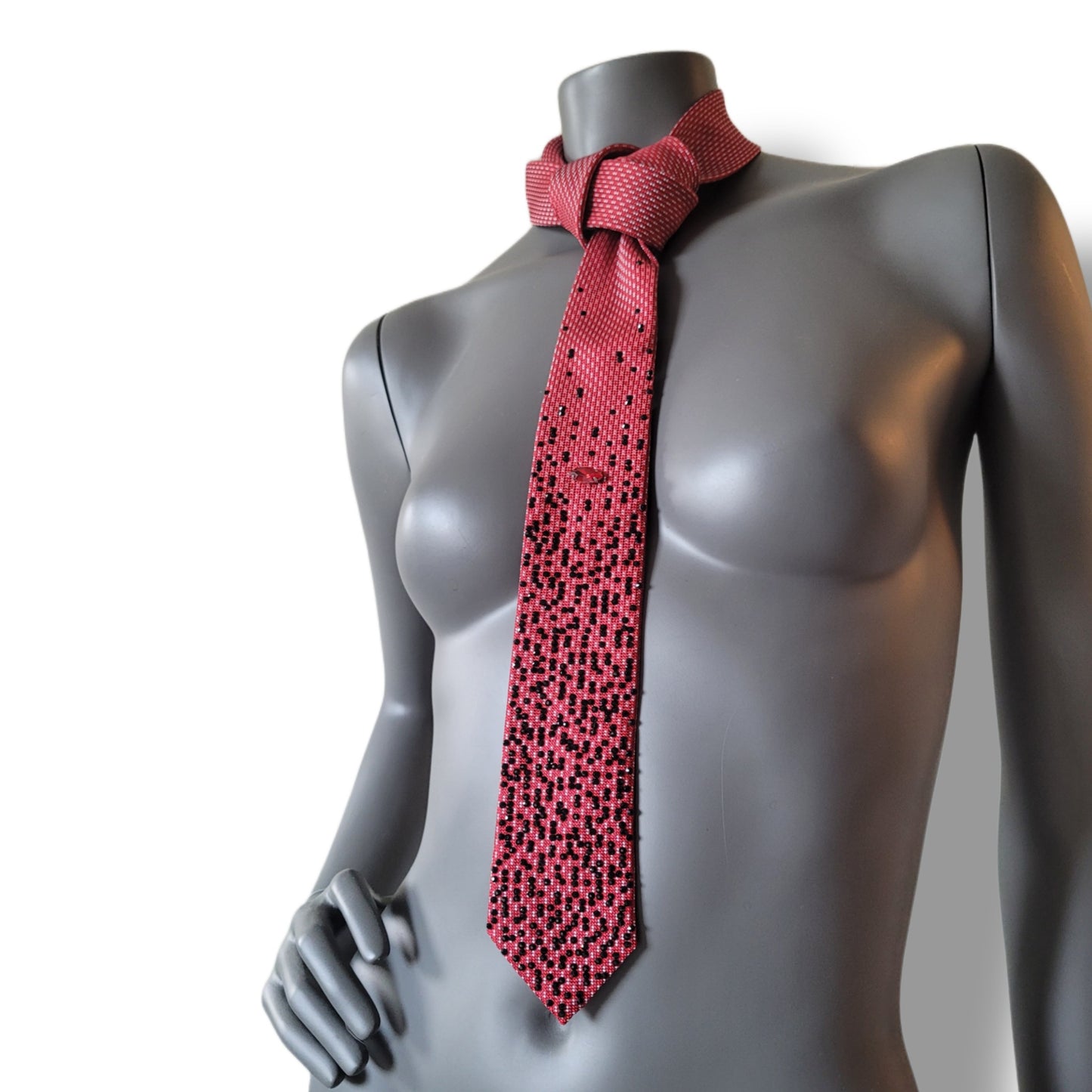 Depth of the Rabbit Hole collection: Red Pill I tie, necktie with one large red crystal and smaller black glass crystals