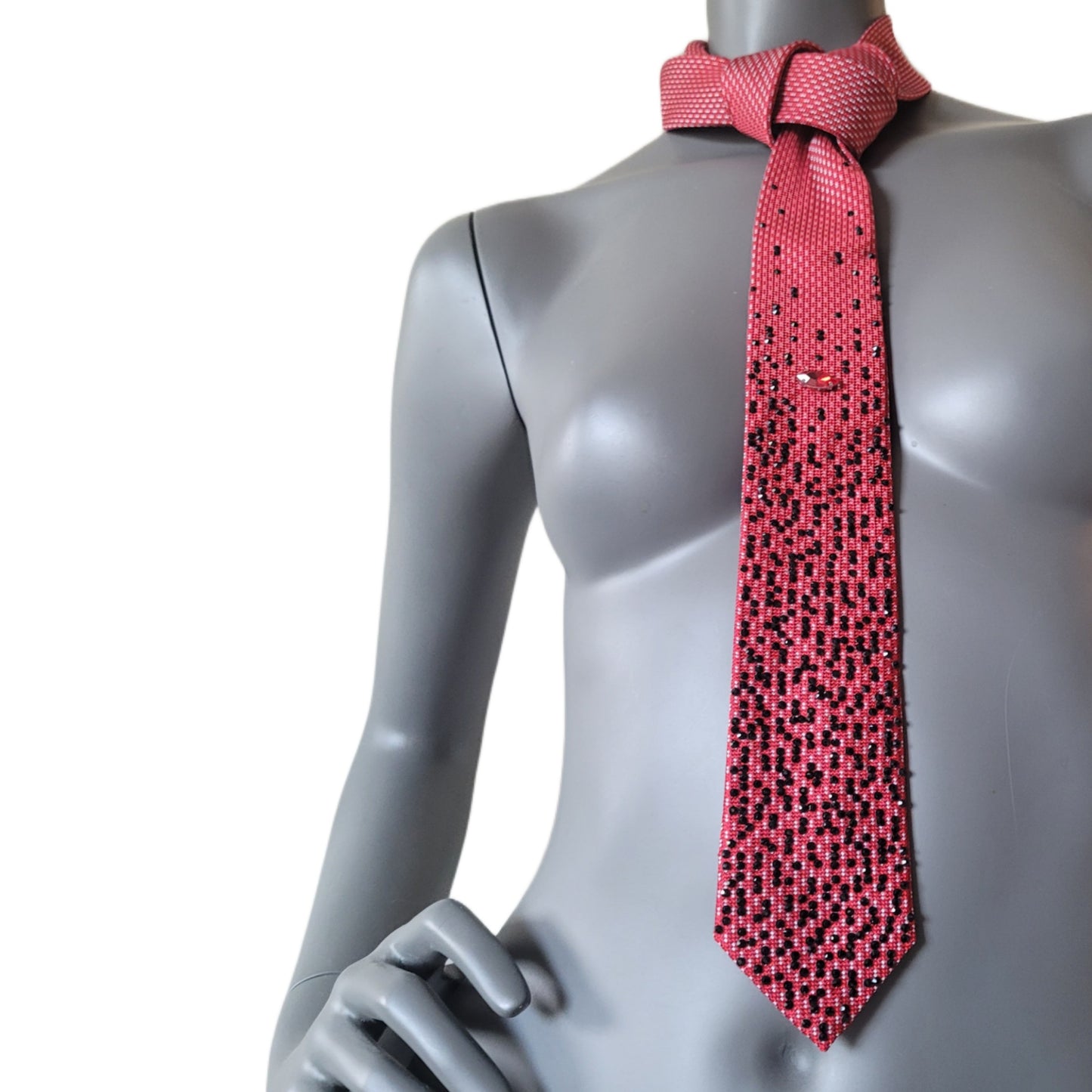 Depth of the Rabbit Hole collection: Red Pill I tie, necktie with one large red crystal and smaller black glass crystals