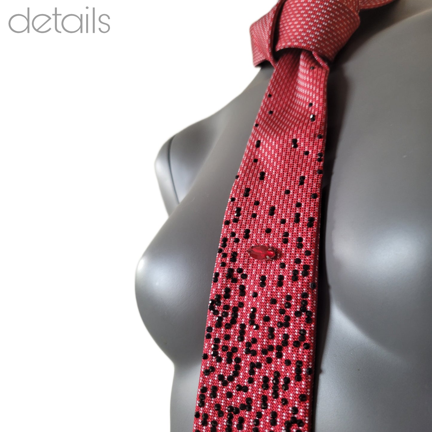 Depth of the Rabbit Hole collection: Red Pill I tie, necktie with one large red crystal and smaller black glass crystals