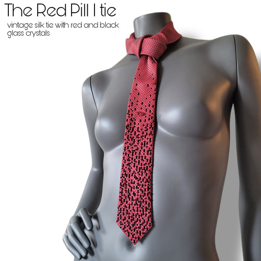 Depth of the Rabbit Hole collection: Red Pill I tie, necktie with one large red crystal and smaller black glass crystals