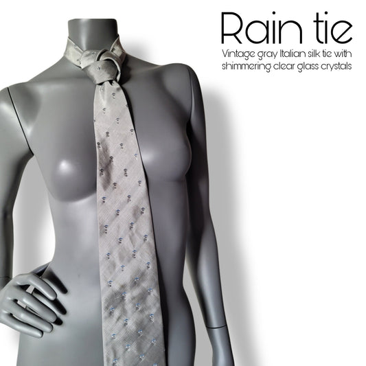 Another Dance collection: Rain tie, vintage light gray silk necktie with clear glass crystals