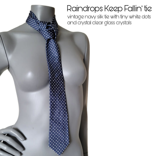 Another Dance collection: Raindrops Keep Fallin' tie, vintage slim navy blue silk necktie with small white dots and crystal clear glass crystals