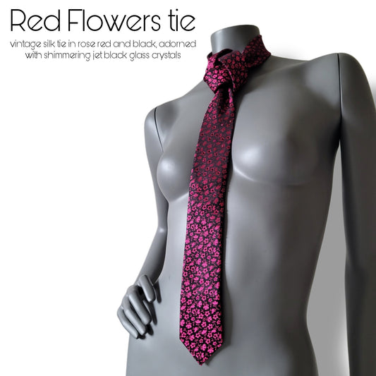 Another Dance collection: Red Flowers tie, vintage black slim silk necktie with small rose red/cerise flowers, adorned with shimmering cerice and jet black glass crystals