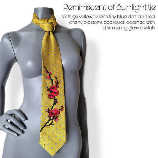 Sakura Lights collection: Reminiscent of Sunlight tie, vintage yellow silk necktie blue square and dot pattern with red and black cherry blossom embroidered appliques, adorned with tropical blue and yellow glass crystals