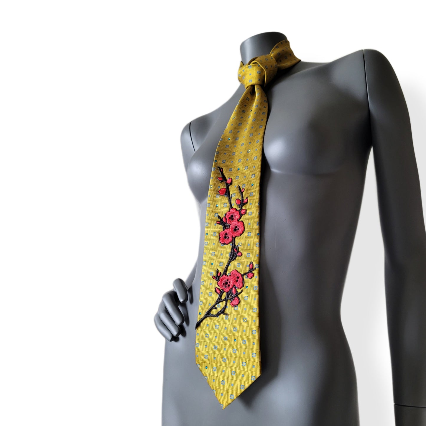 Sakura Lights collection: Reminiscent of Sunlight tie, vintage yellow silk necktie blue square and dot pattern with red and black cherry blossom embroidered appliques, adorned with tropical blue and yellow glass crystals