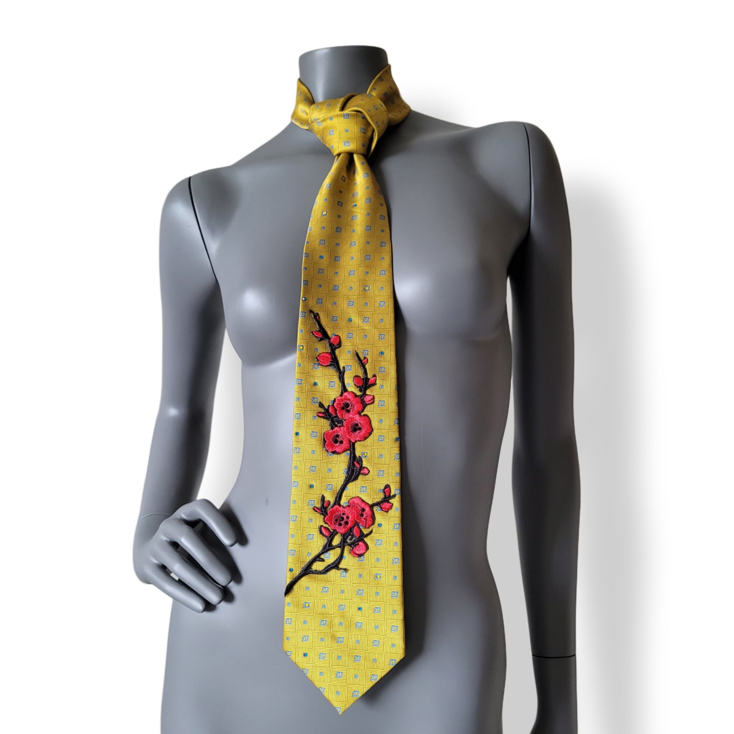 Sakura Lights collection: Reminiscent of Sunlight tie, vintage yellow silk necktie blue square and dot pattern with red and black cherry blossom embroidered appliques, adorned with tropical blue and yellow glass crystals