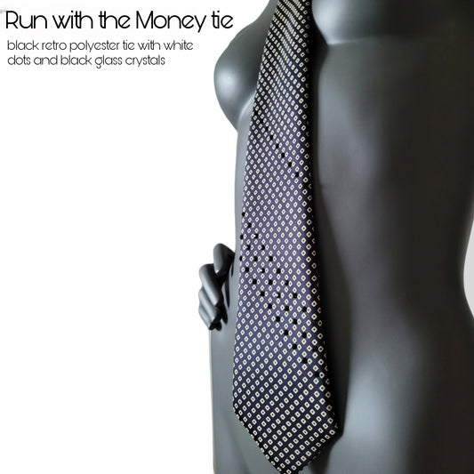 Another Dance collection: Run with the Money tie, vintage black necktie with white pattern and black glass crystals