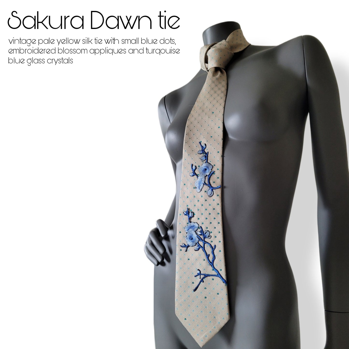 Sakura Blues collection: Sakura Dawn tie, silk necktie in pale yellow and blue dots adorned with embroidered cherry blossom appliques and turqouise blue glass crystals