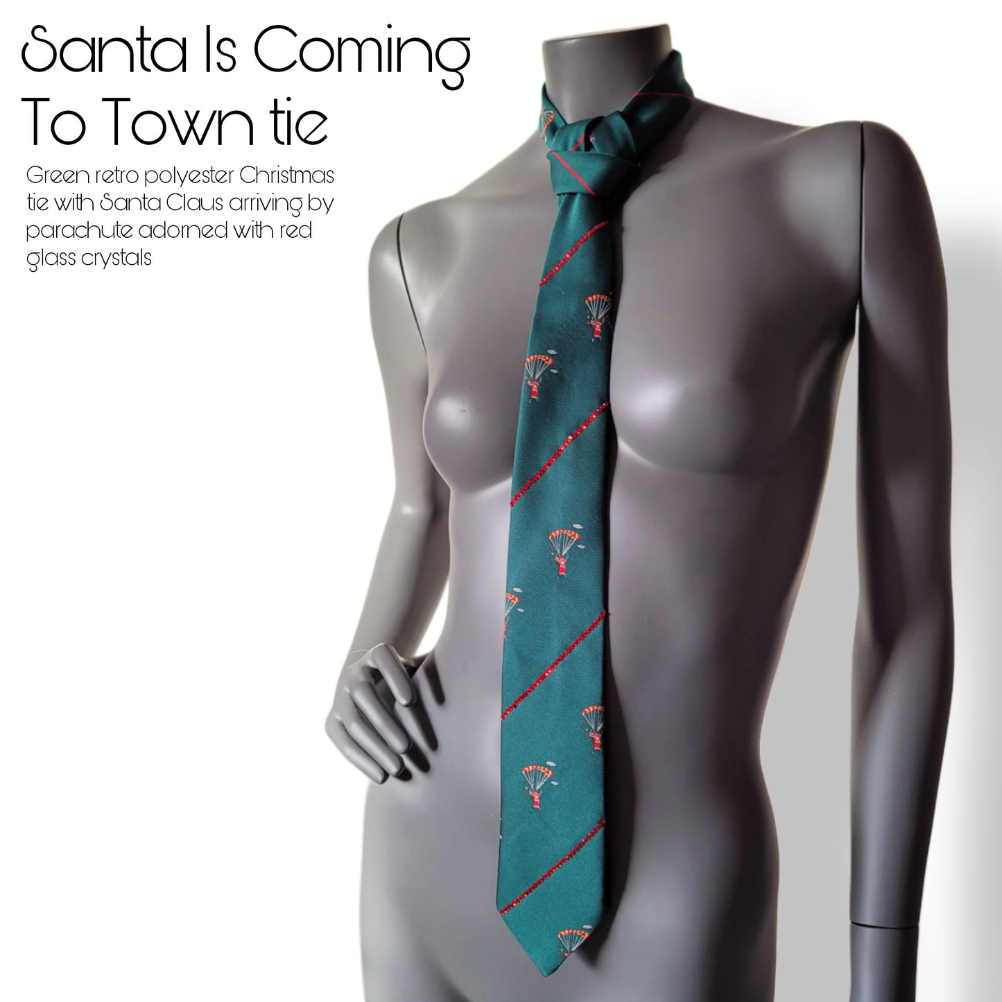 Another Dance collection: Santa Is Coming To Town tie, vintage green Christmas polyester necktie with Santa jumping with a parachute and red glass crystals