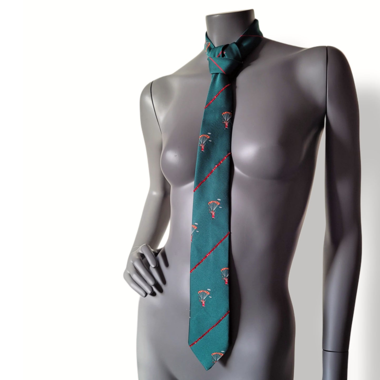 Another Dance collection: Santa Is Coming To Town tie, vintage green Christmas polyester necktie with Santa jumping with a parachute and red glass crystals