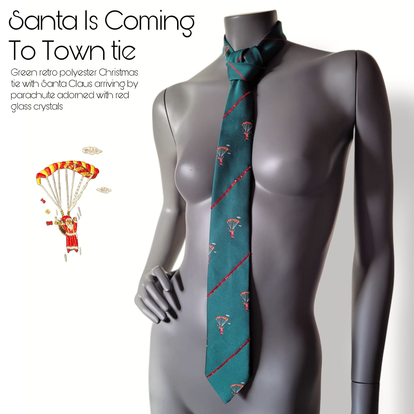 Another Dance collection: Santa Is Coming To Town tie, vintage green Christmas polyester necktie with Santa jumping with a parachute and red glass crystals