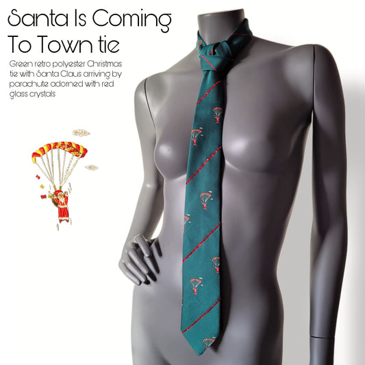 Another Dance collection: Santa Is Coming To Town tie, vintage green Christmas polyester necktie with Santa jumping with a parachute and red glass crystals