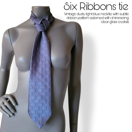 Another Dance collection: Six Ribbons tie, vintage dusty light blue necktie with subtle ribbon pattern adorned with shimmering clear glass crystals